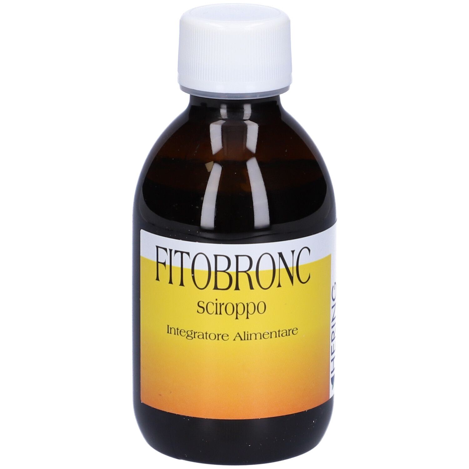 Flacone marrone con tappo bianco ed etichetta gialla. Nome del prodotto e testo sull'etichetta.
