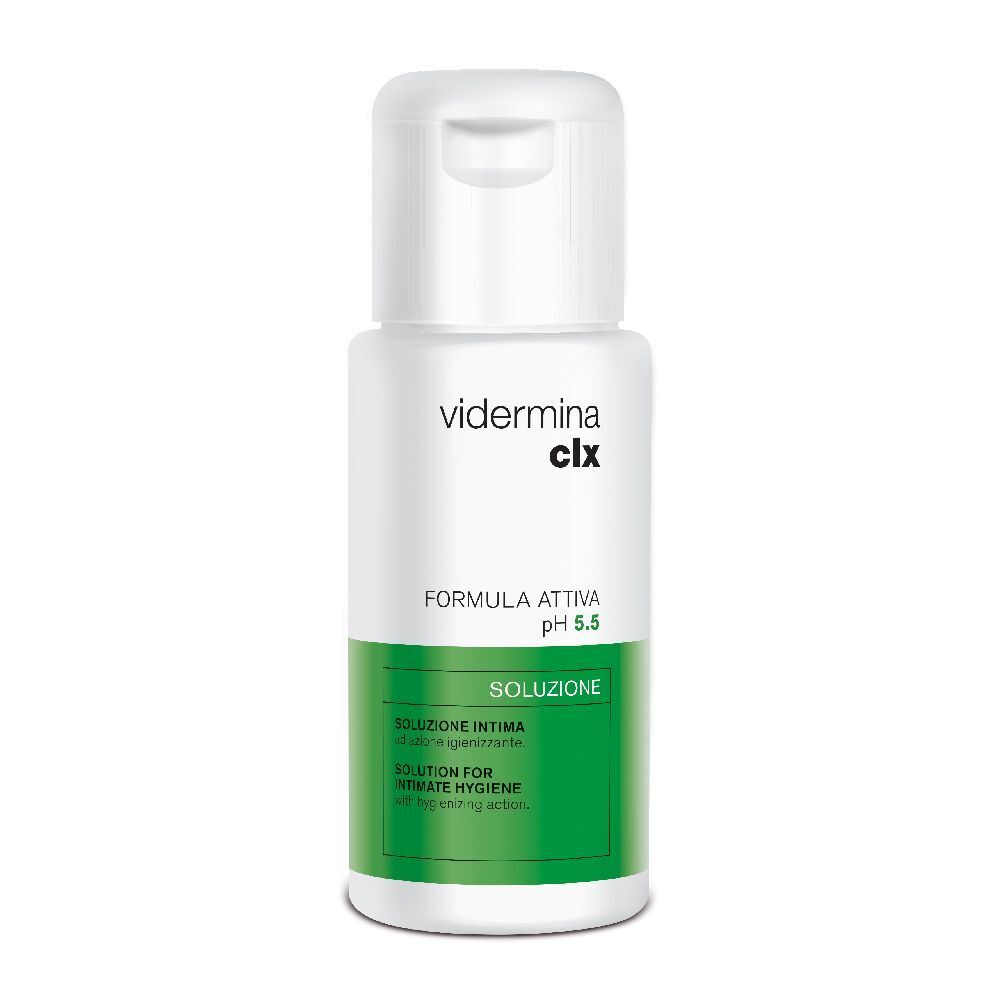 Flacone bianco e verde con tappo a ribalta. Scritte: Vidermina clx, FORMULA ATTIVA pH 5.5, SOLUZIONE, SOLUTION FOR INTIMATE HYGIENE.