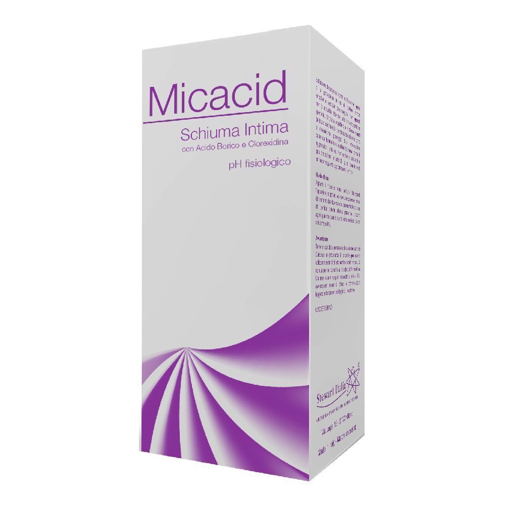 Scatola bianca con motivo a onde viola. Scritta: Micacid Schiuma Intima.