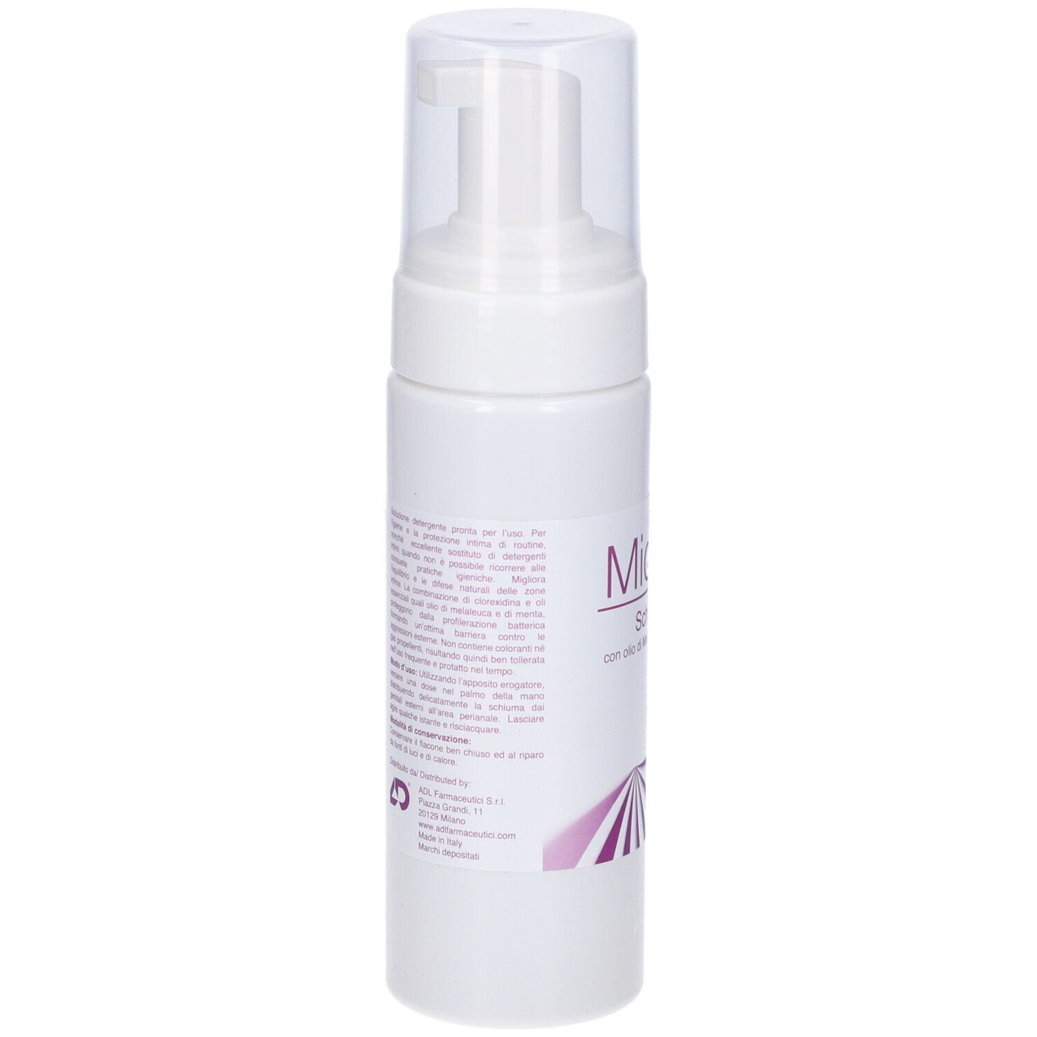 Flacone bianco con erogatore a spruzzo. Scritta: Micacid Schiuma Intima.