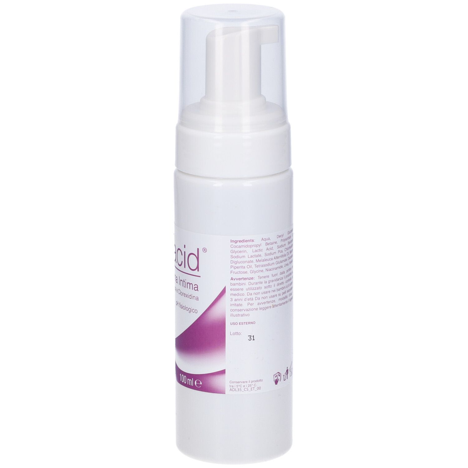 Flacone bianco con erogatore a spruzzo. Scritta: Micacid Schiuma Intima.