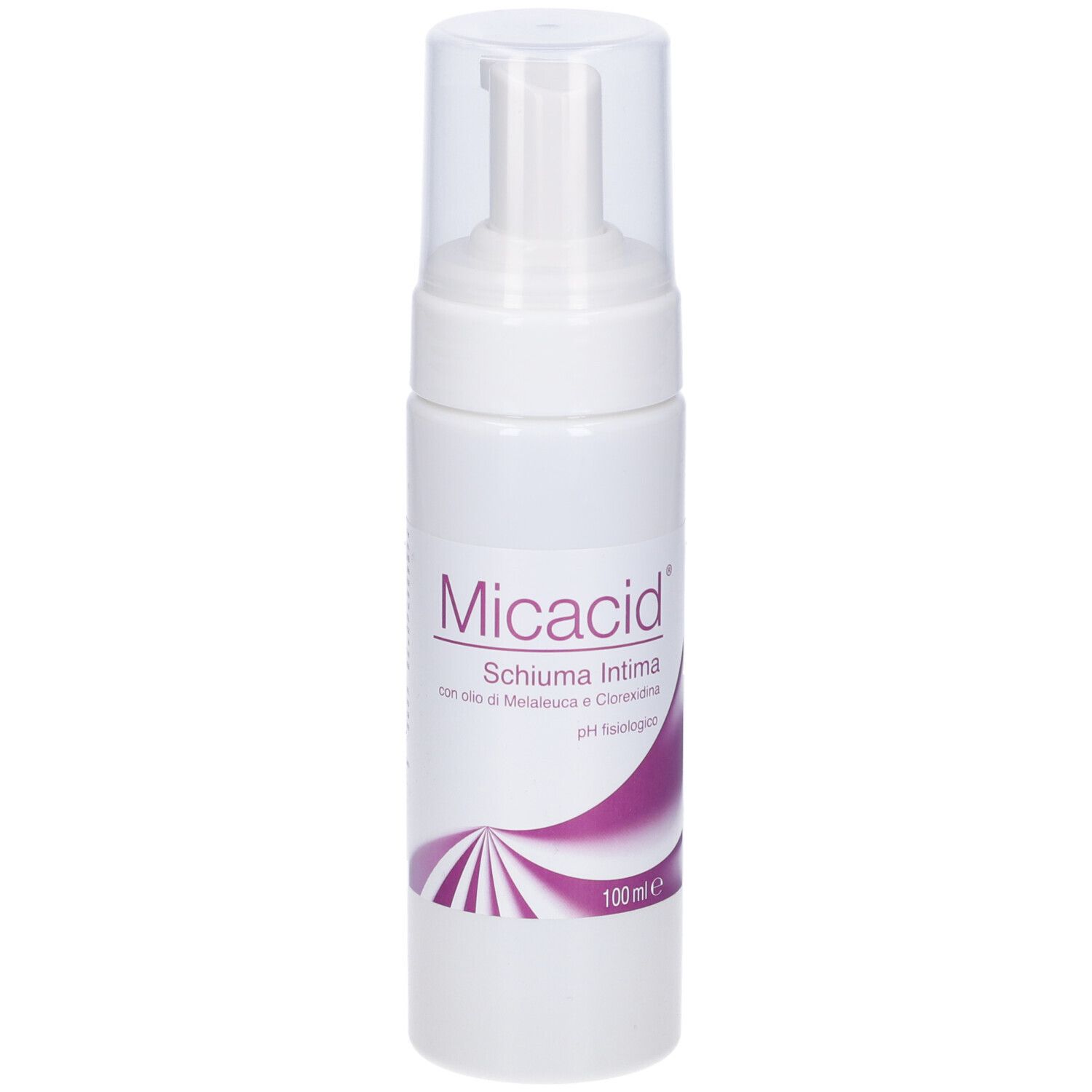 Flacone bianco con erogatore a spruzzo. Scritta: Micacid Schiuma Intima.