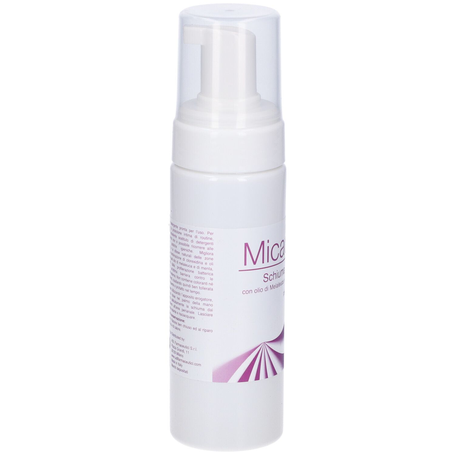 Flacone bianco con erogatore a spruzzo. Scritta: Micacid Schiuma Intima.