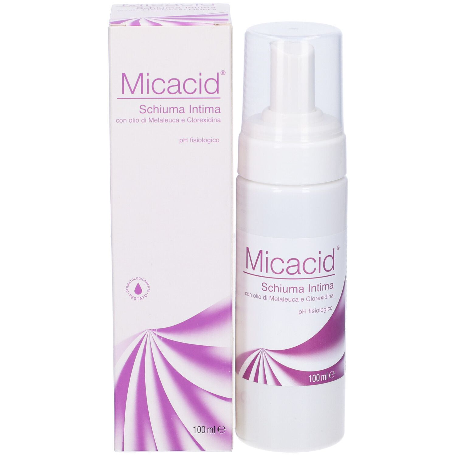 Flacone bianco e scatola. Scritta: Micacid Schiuma Intima.