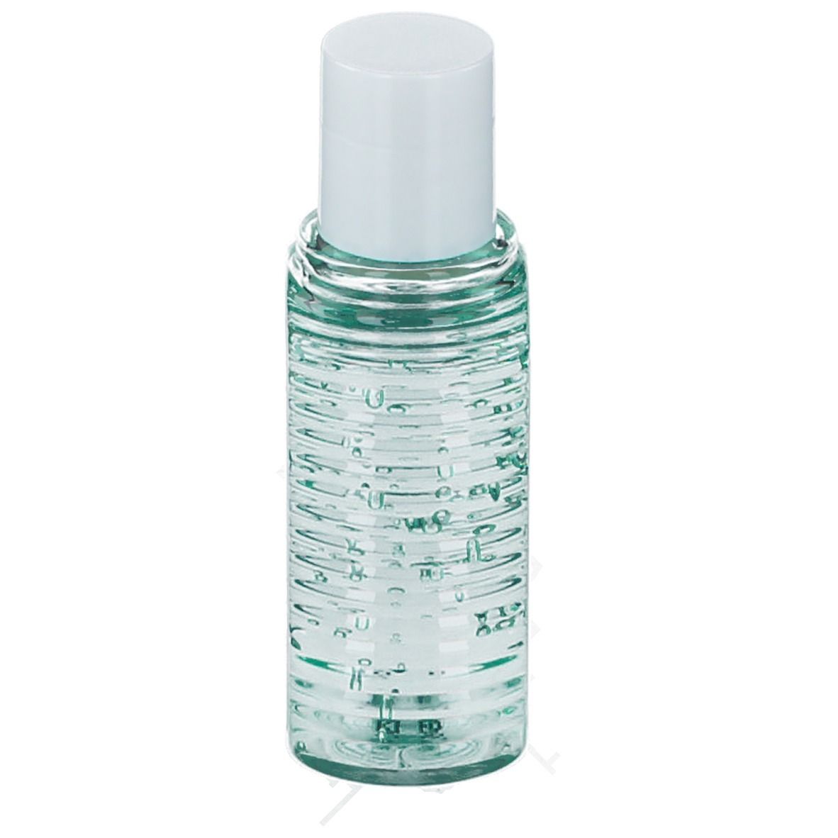 Flacone trasparente con superficie scanalata, riempito di gel incolore. Tappo bianco.