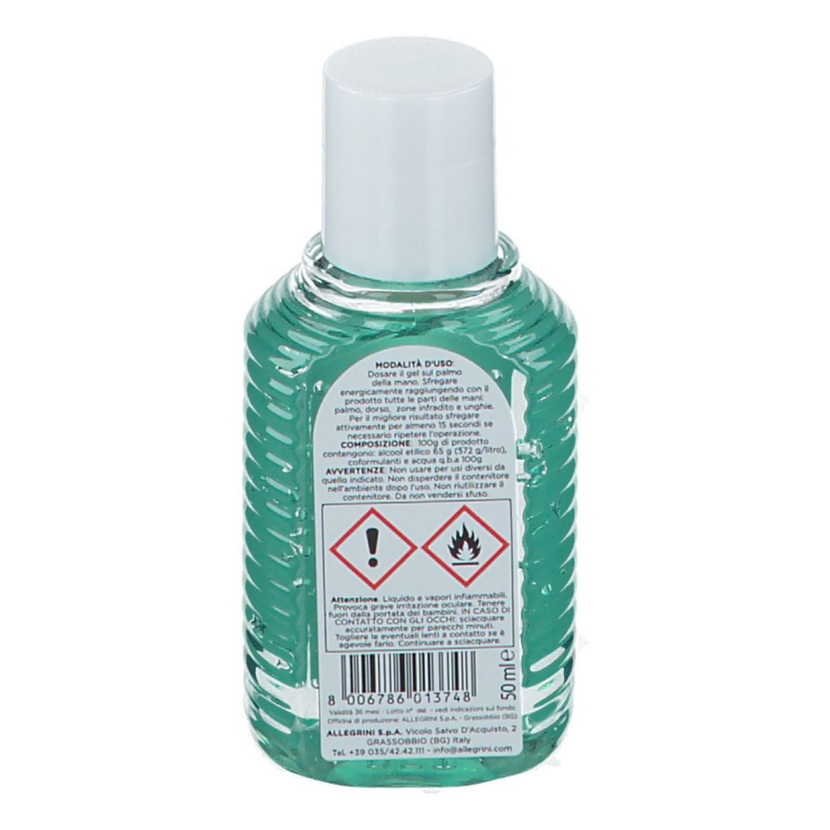 Retro di un flacone di gel verde. Avvertenze e ingredienti stampati.