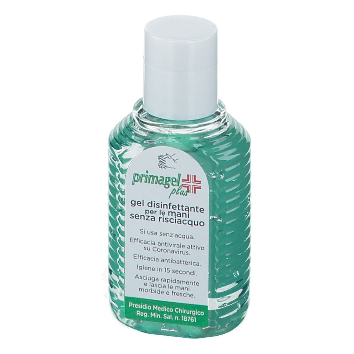 Gel verde in bottiglia trasparente con tappo bianco. Scritta: Primagel Plus.