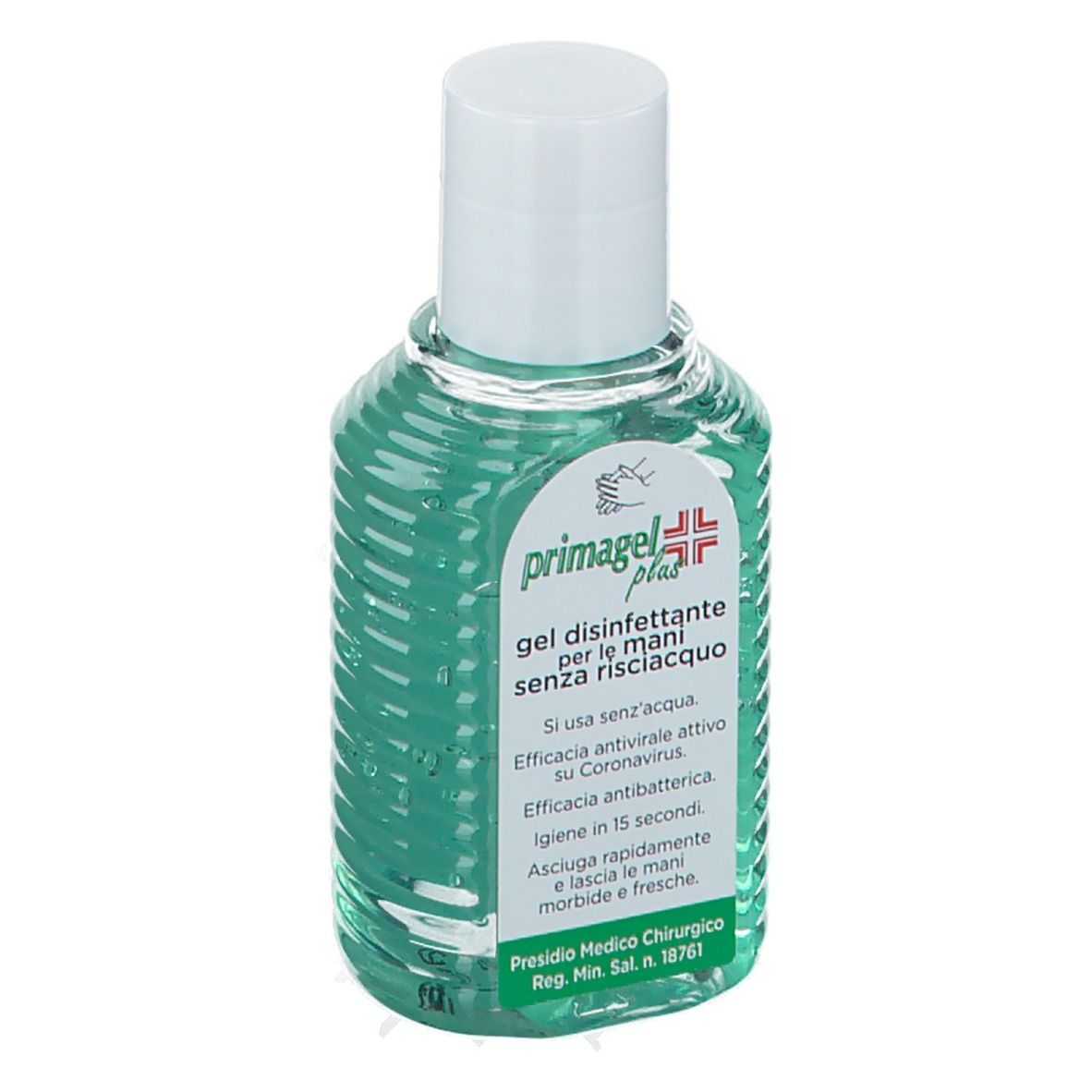 Gel verde in bottiglia trasparente con tappo bianco. Scritta: Primagel Plus.
