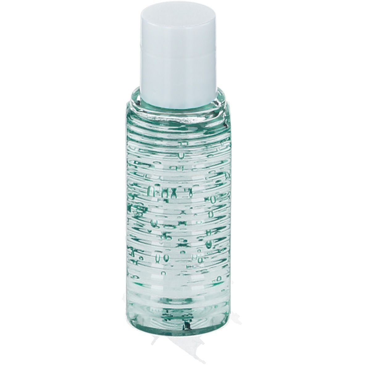 Flacone trasparente con superficie scanalata, riempito di gel incolore. Tappo bianco.