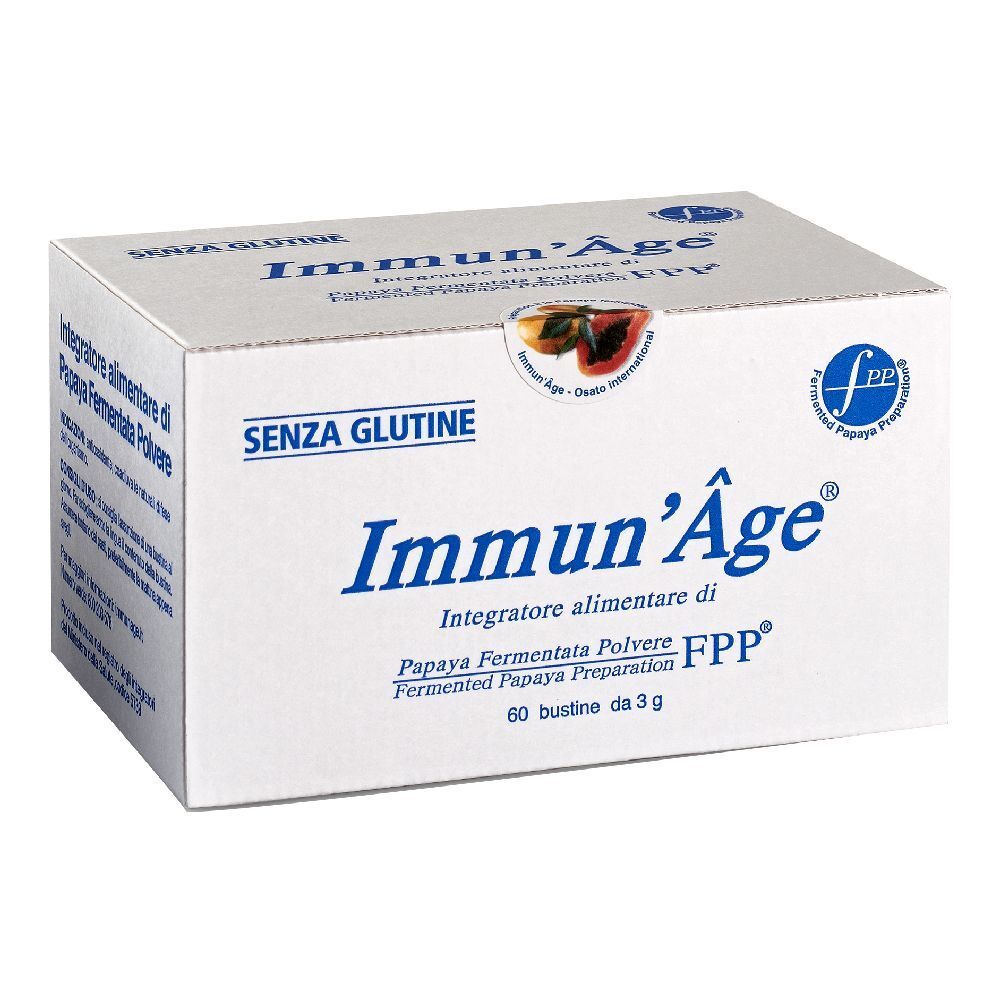 Boîte "Immun'Âge®". Inscription : "Integratore alimentare di Papaya Fermentata Polvere FPP®". Contient 60 sachets.