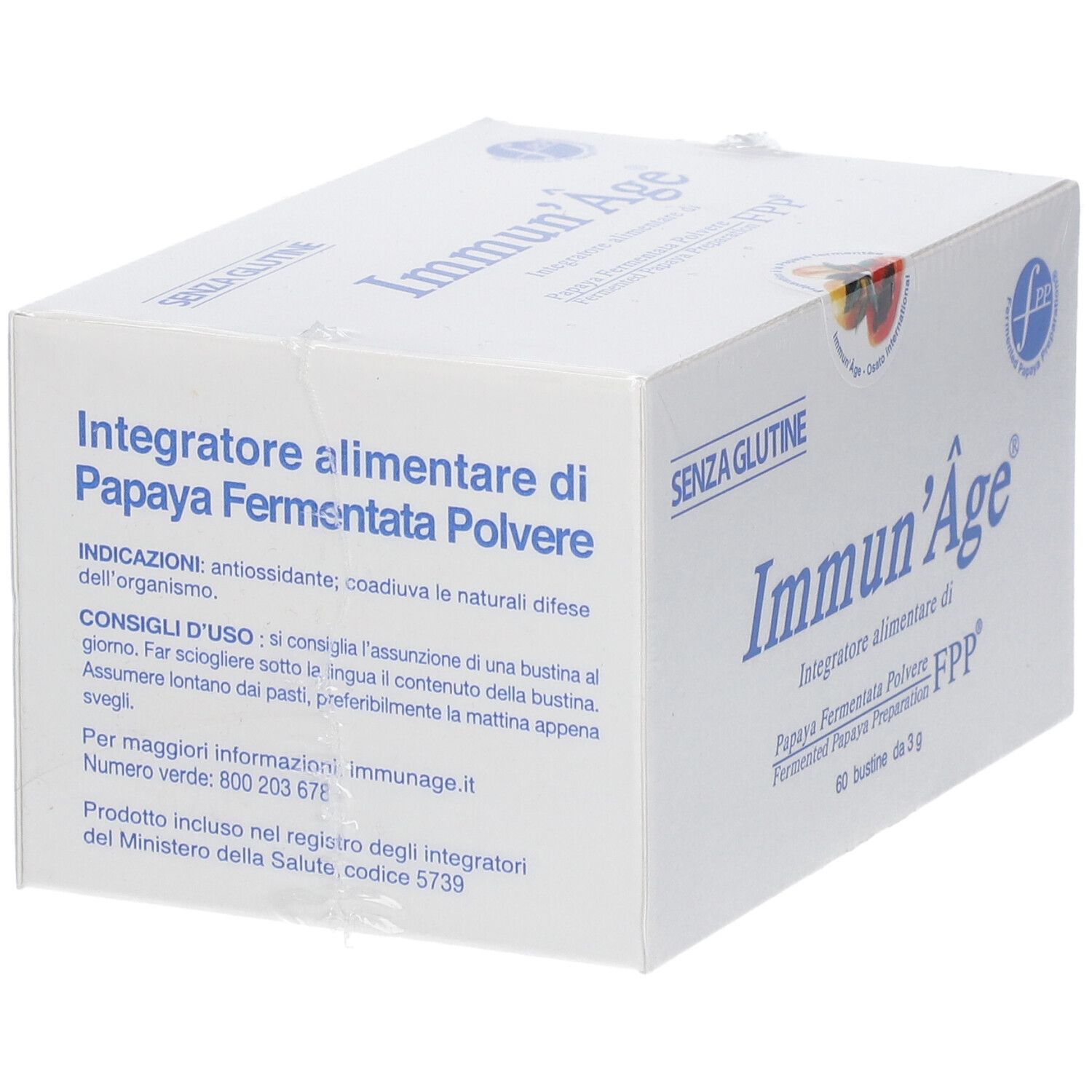 Boîte "Immun'Âge®". Inscription : "Integratore alimentare di Papaya Fermentata Polvere". 60 sachets. Sans gluten.