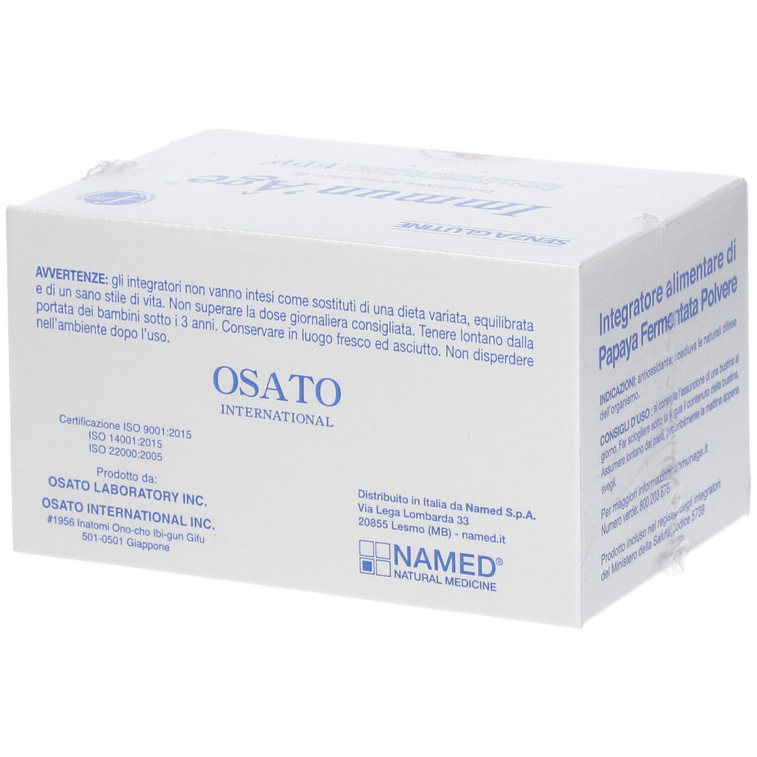 Boîte avec inscription "Immun'Âge®". Informations et certifications au dos. Marque : OSATO INTERNATIONAL.
