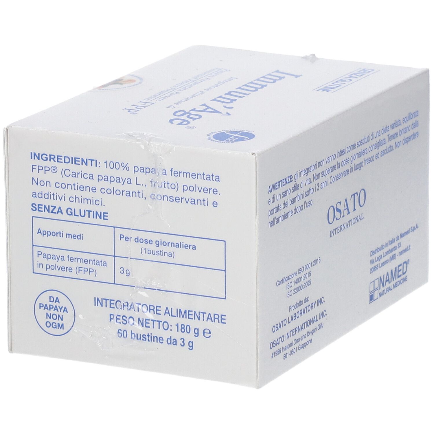 Boîte "Immun'Âge®". Ingrédients et informations nutritionnelles au dos. Sans gluten. Poids : 180 g.