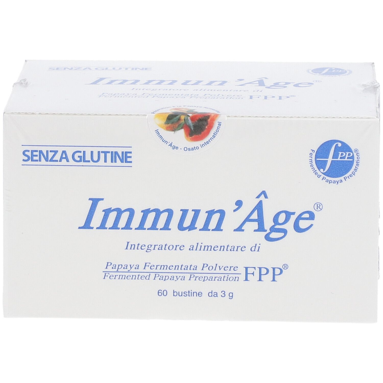 Boîte "Immun'Âge®". Inscription : "Integratore alimentare di Papaya Fermentata Polvere FPP®". Contient 60 sachets.