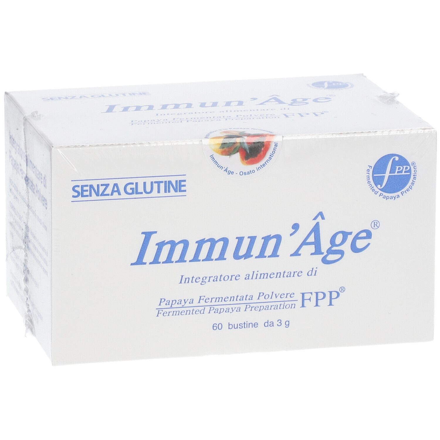 Boîte "Immun'Âge®". Inscription : "Integratore alimentare di Papaya Fermentata Polvere FPP®". Contient 60 sachets.
