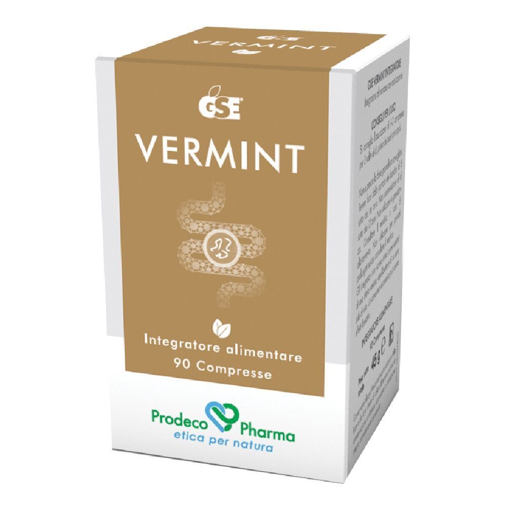 Confezione di GSE Vermint. Scatola marrone con testo bianco. Contiene 90 compresse. Marchio e logo Prodeco Pharma.