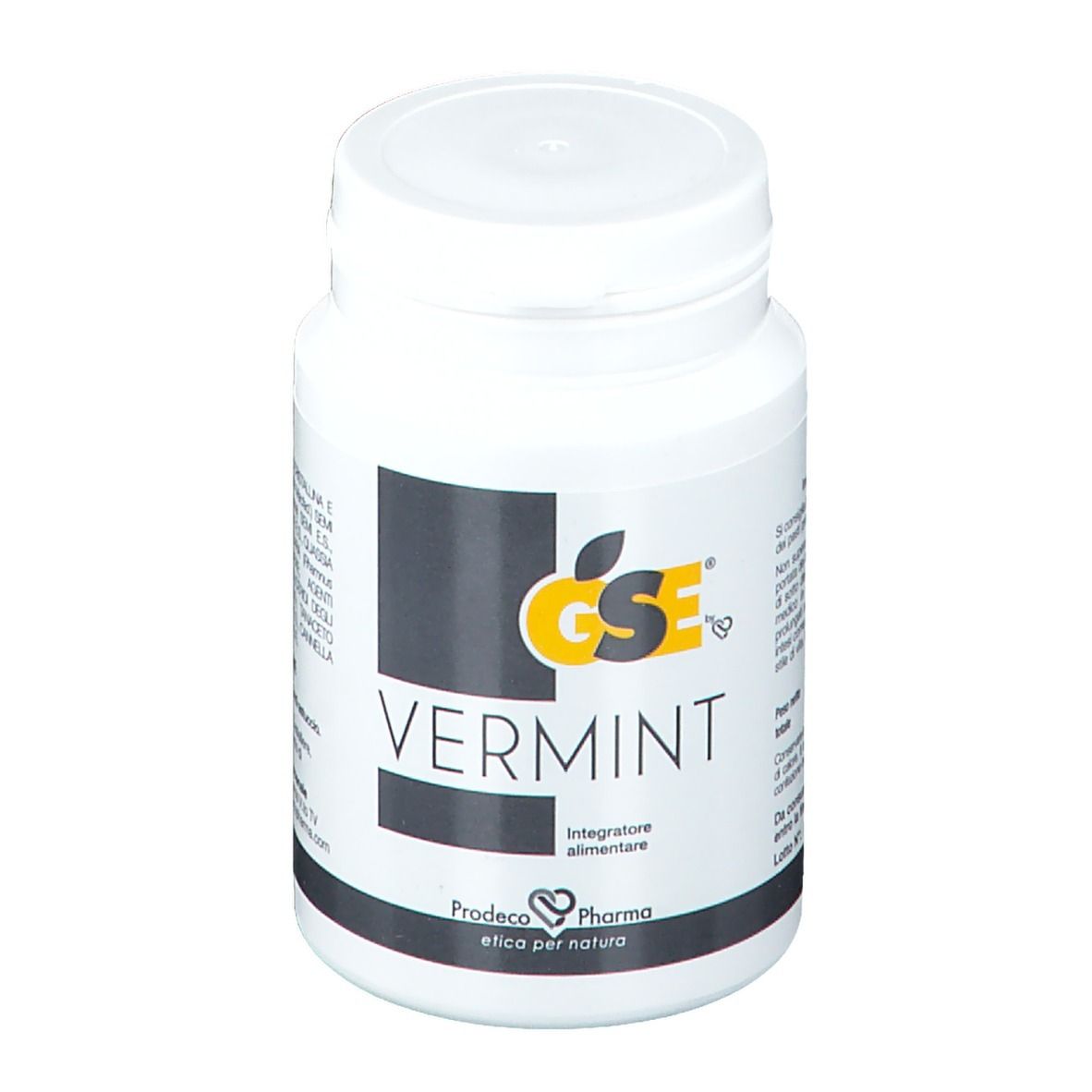 Flacone bianco con GSE Vermint. Adesivo nero con logo giallo. Contiene compresse. Marchio Prodeco Pharma.