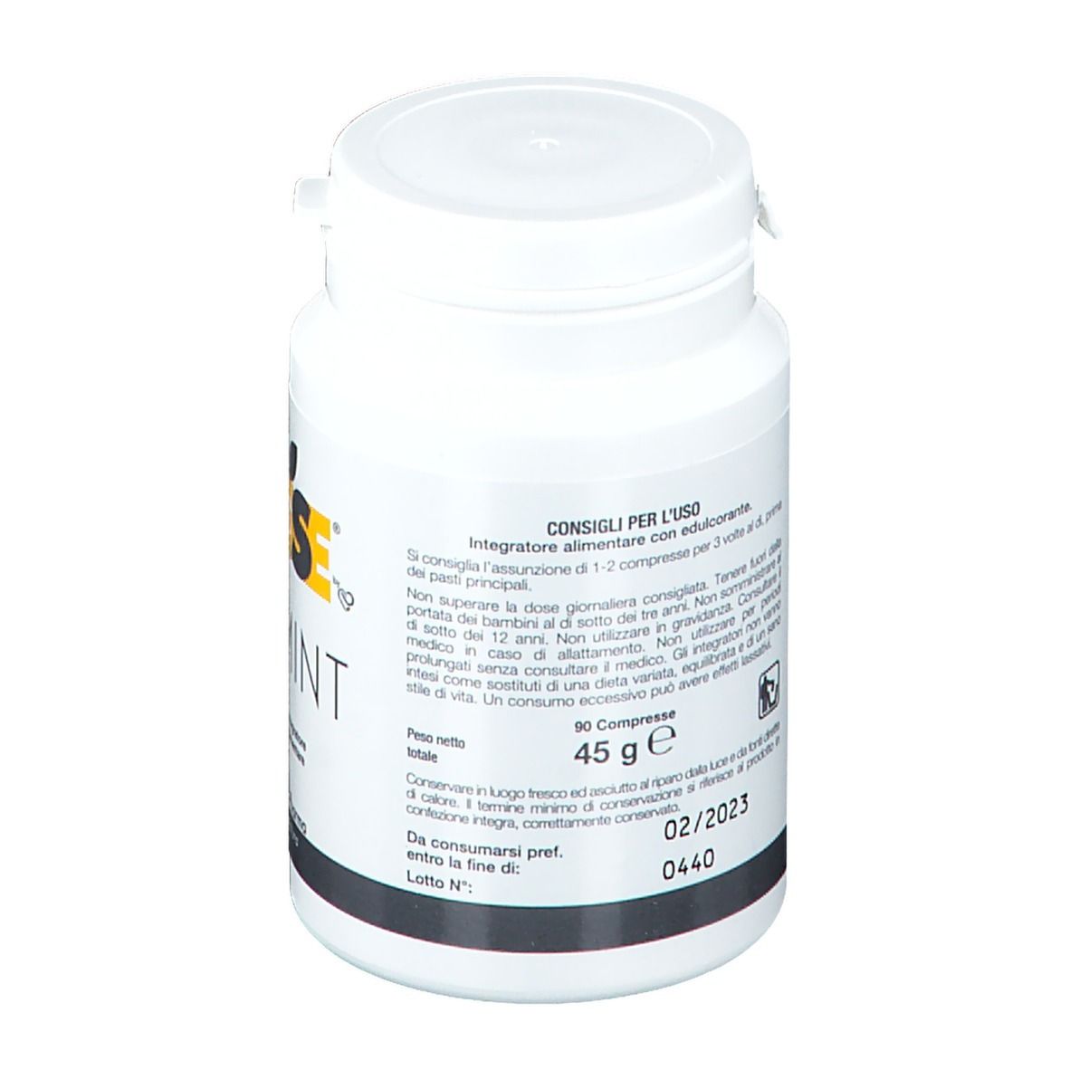 Flacone bianco GSE Vermint. Retro con testo. Contiene 90 compresse. Marchio Prodeco Pharma. Scadenza 02/2023.