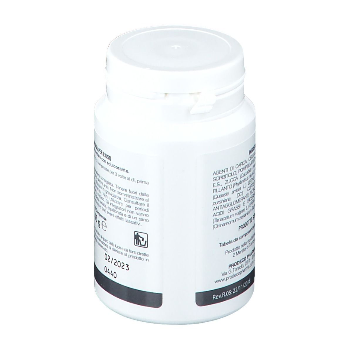 Flacone bianco GSE Vermint. Retro con testo. Contiene 90 compresse. Marchio Prodeco Pharma. Scadenza 02/2023.