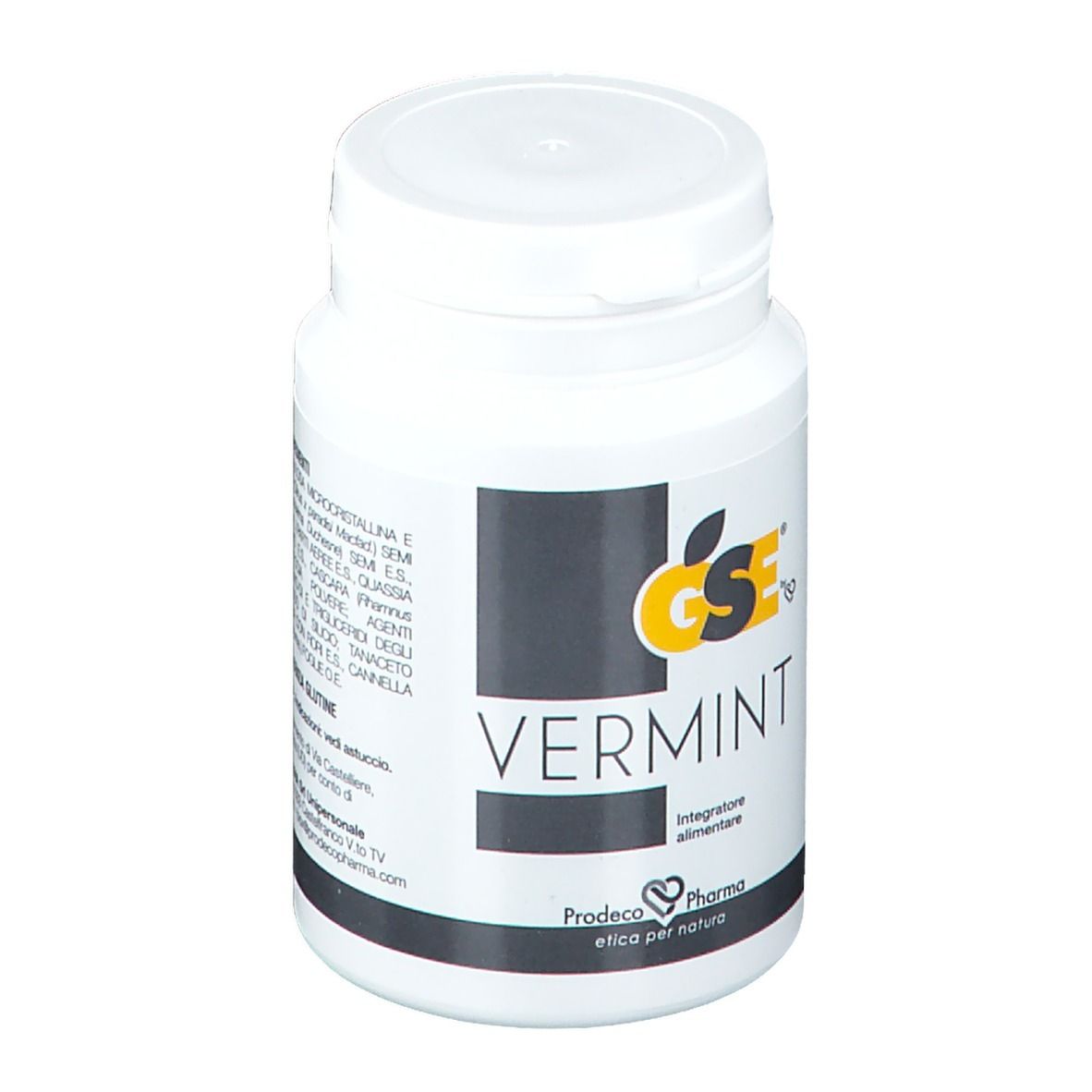 Flacone bianco GSE Vermint. Adesivo nero con logo giallo. Contiene compresse. Marchio Prodeco Pharma.