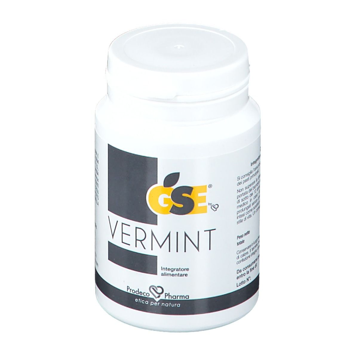 Flacone bianco GSE Vermint. Adesivo nero con logo giallo. Contiene compresse. Marchio Prodeco Pharma.