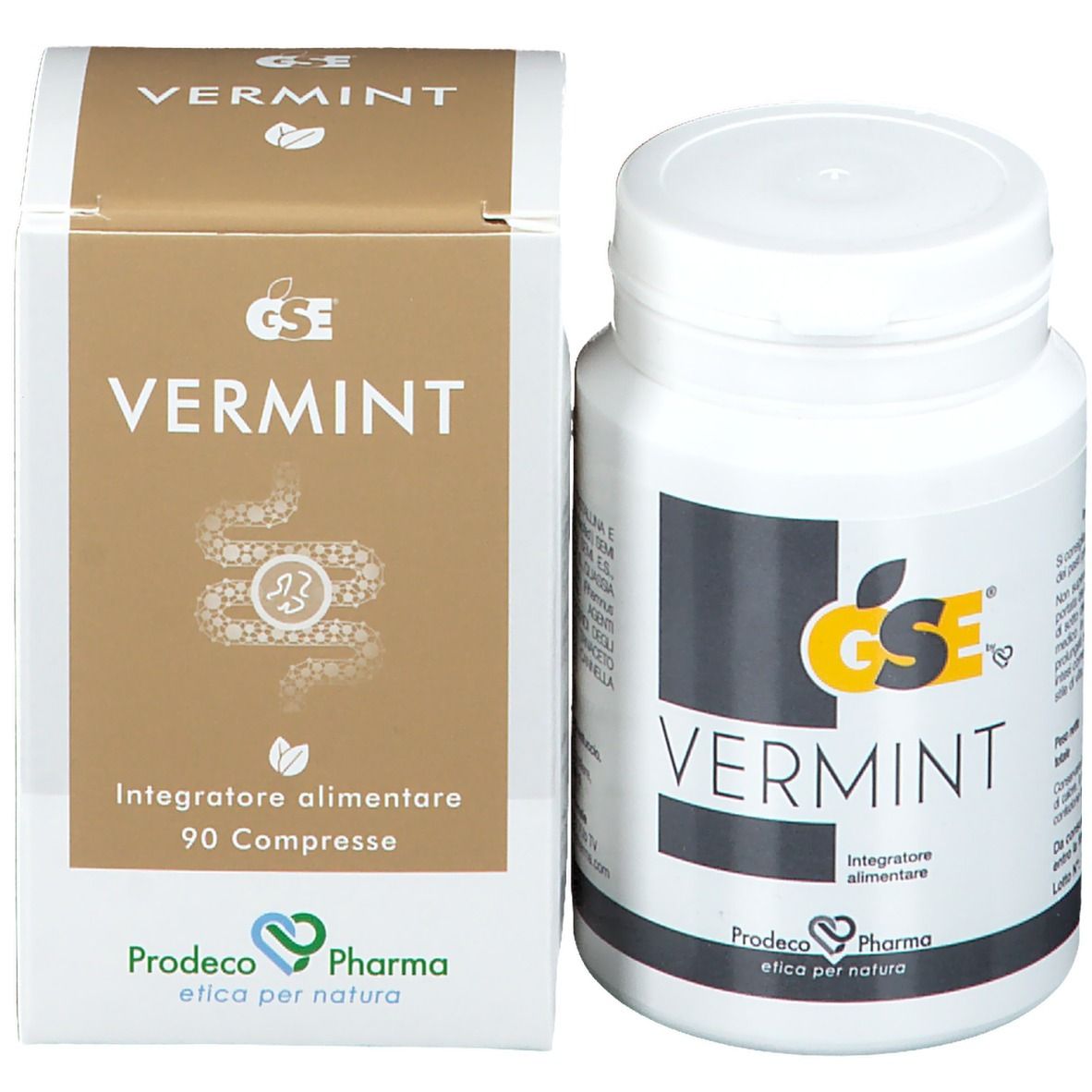 Confezione e flacone GSE Vermint. Scatola marrone e flacone bianco. Contiene 90 compresse. Marchio Prodeco Pharma.