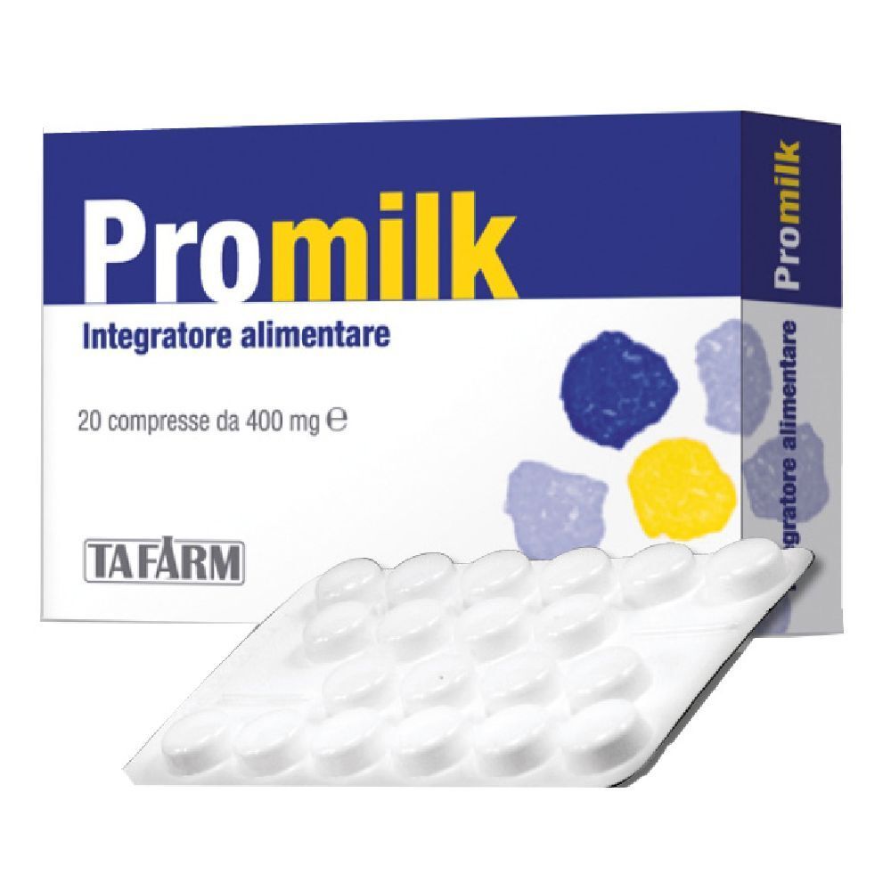 Confezione di Promilk con blister di compresse. Scritte: Promilk, Integratore alimentare, 20 compresse da 400 mg.
