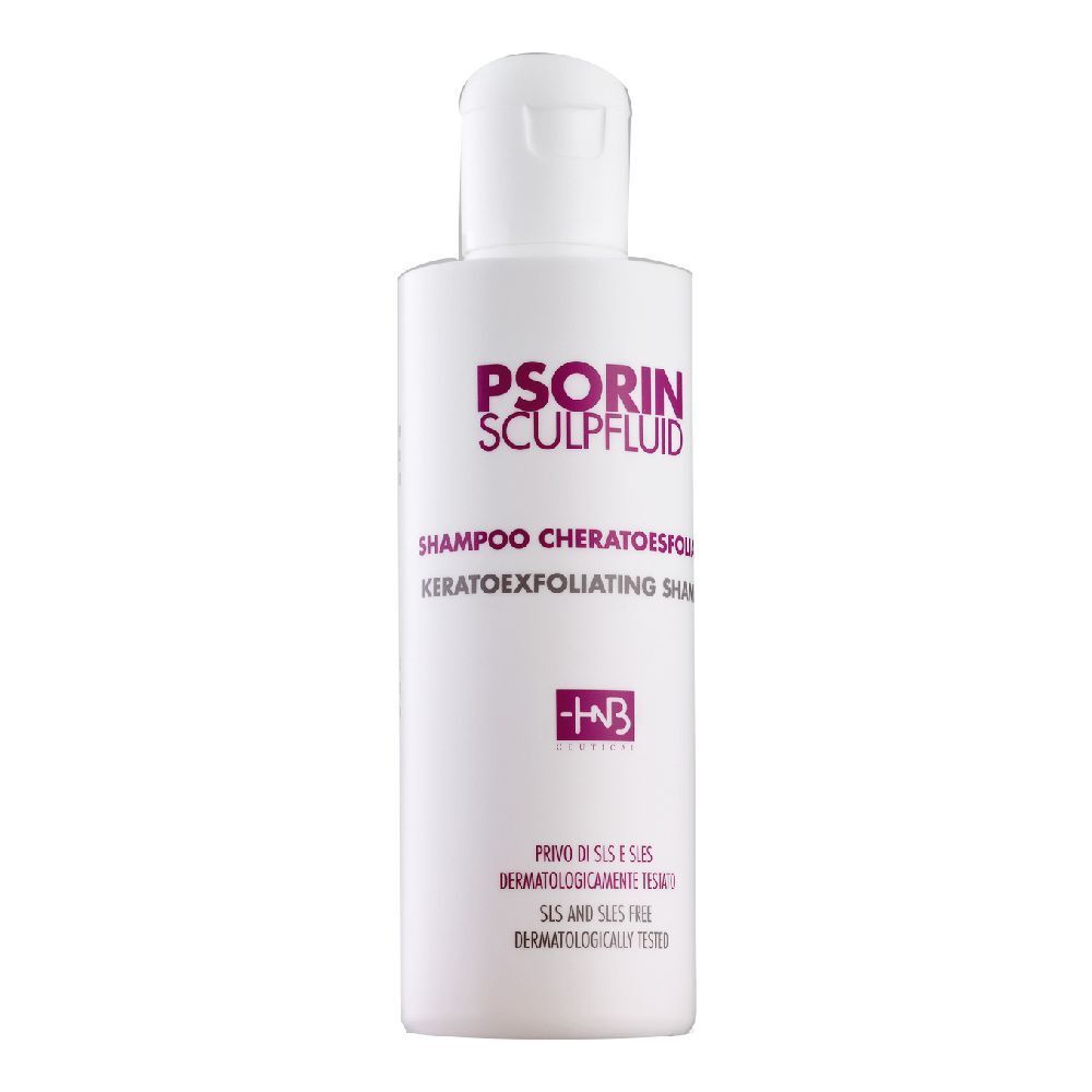 Flacone bianco con etichetta viola. Scritta: Psorin Sculpfluid Shampoo. Logo HNB. Dermatologicamente testato.