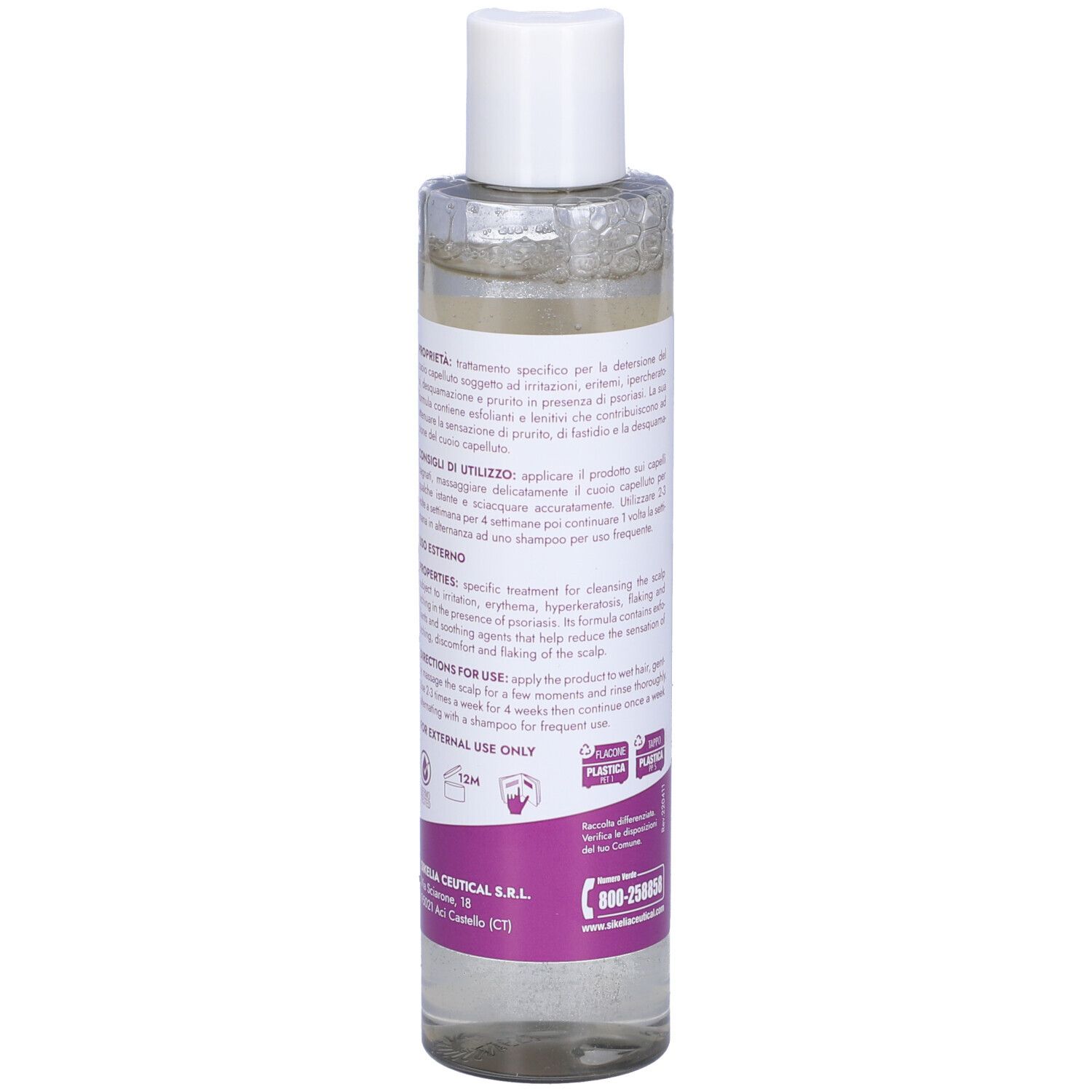Primo piano del flacone trasparente con tappo bianco. Etichetta viola con testo. 200 ml. Per uso esterno.