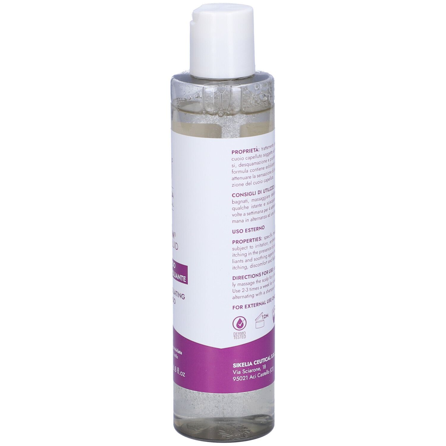Primo piano del flacone trasparente con tappo bianco. Etichetta viola con testo. 200 ml. Per uso esterno.