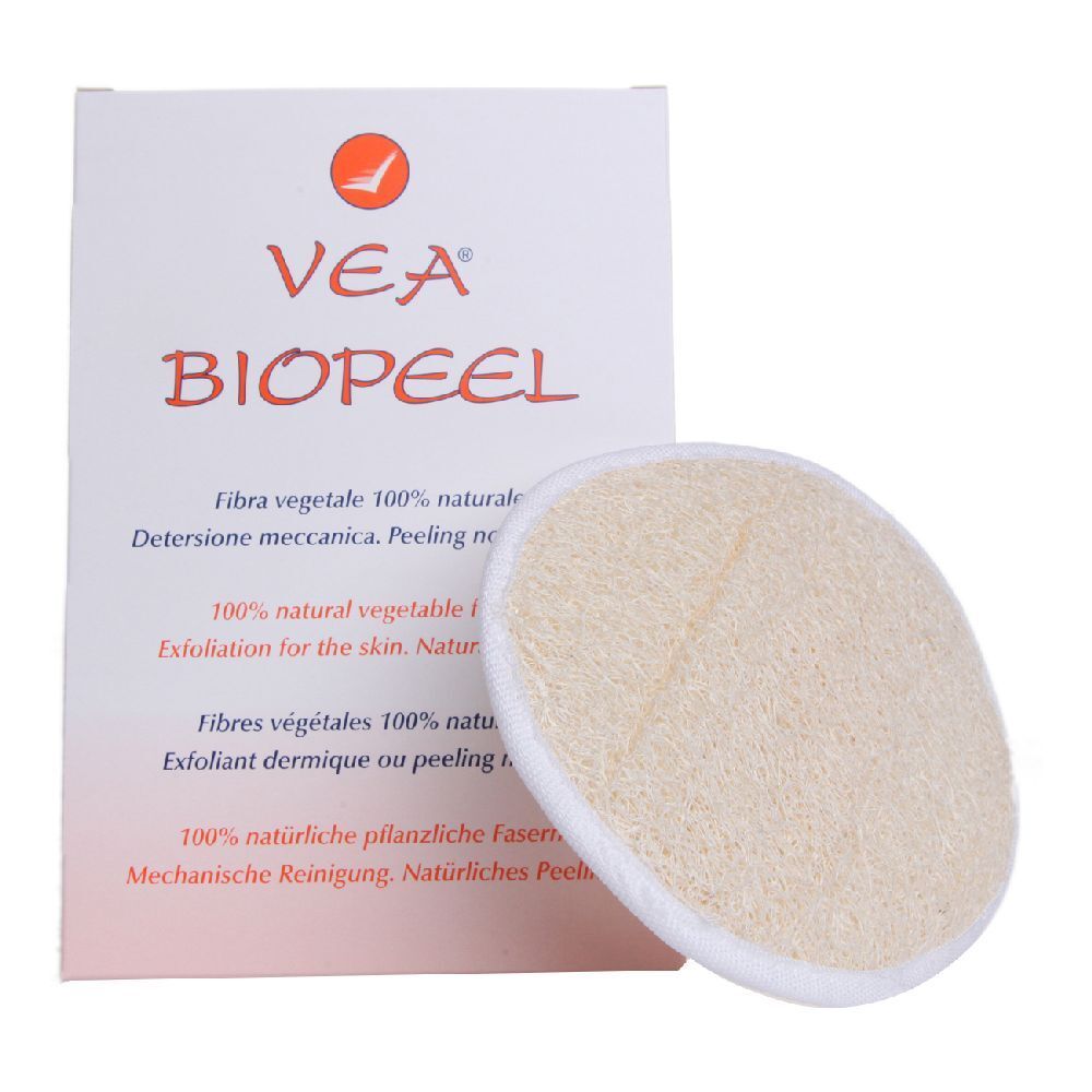 Confezione del prodotto con la scritta VEA BIOPEEL. Accanto, un tampone esfoliante ovale beige con bordo bianco.