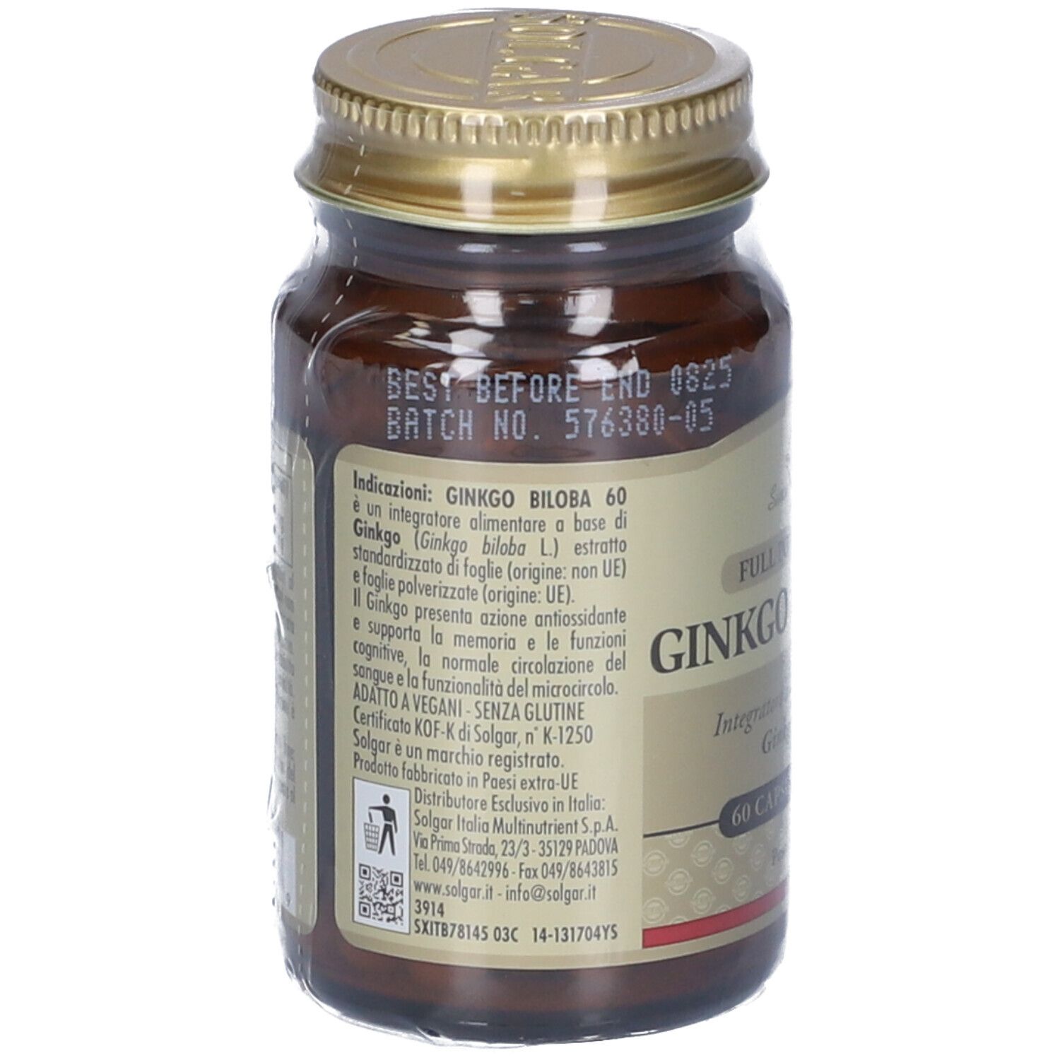 Retro del flacone marrone SOLGAR Ginkgo Biloba 60. Etichetta con ingredienti, numero di lotto e data di scadenza.
