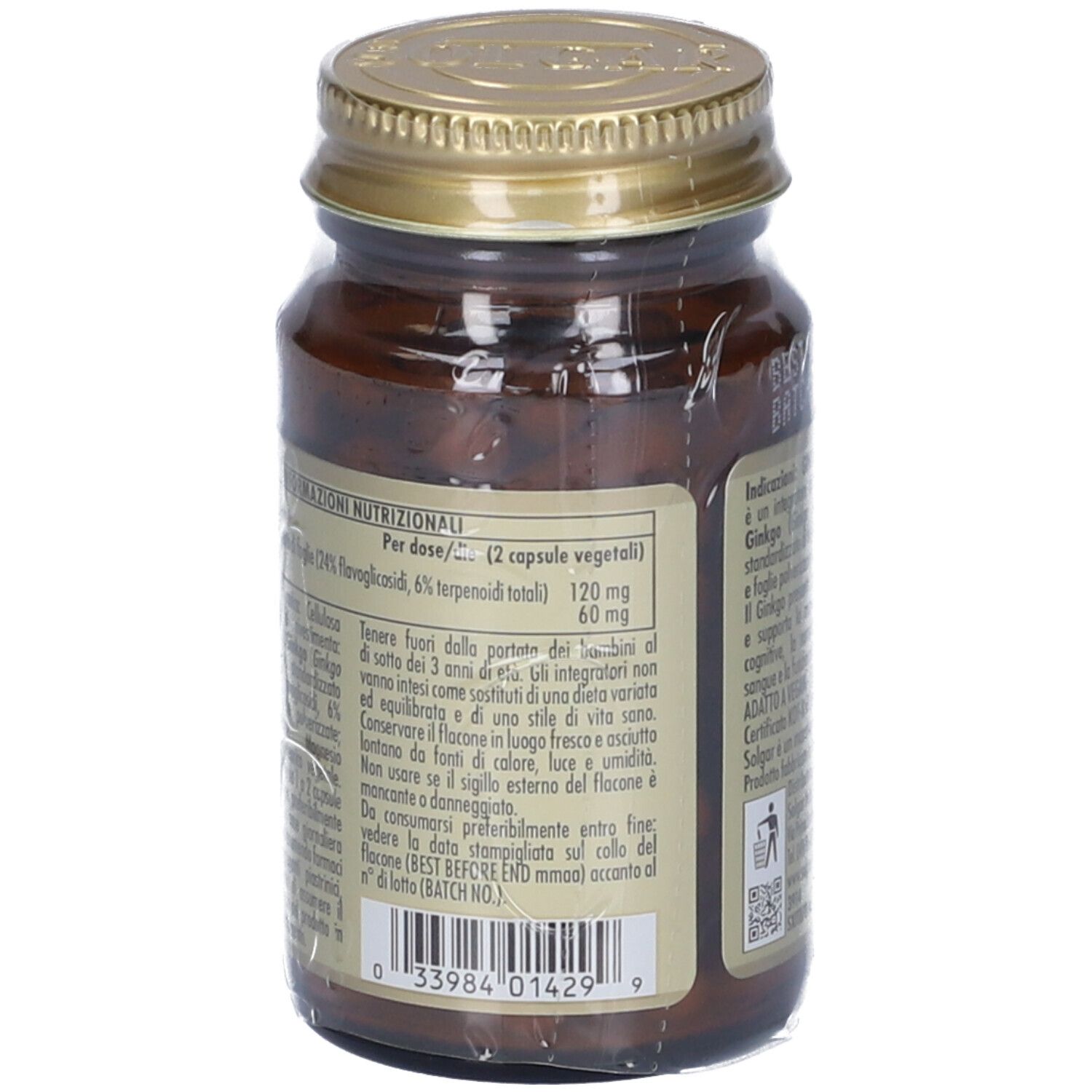 Retro del flacone marrone SOLGAR Ginkgo Biloba 60. Etichetta con informazioni nutrizionali e altre informazioni sul prodotto.