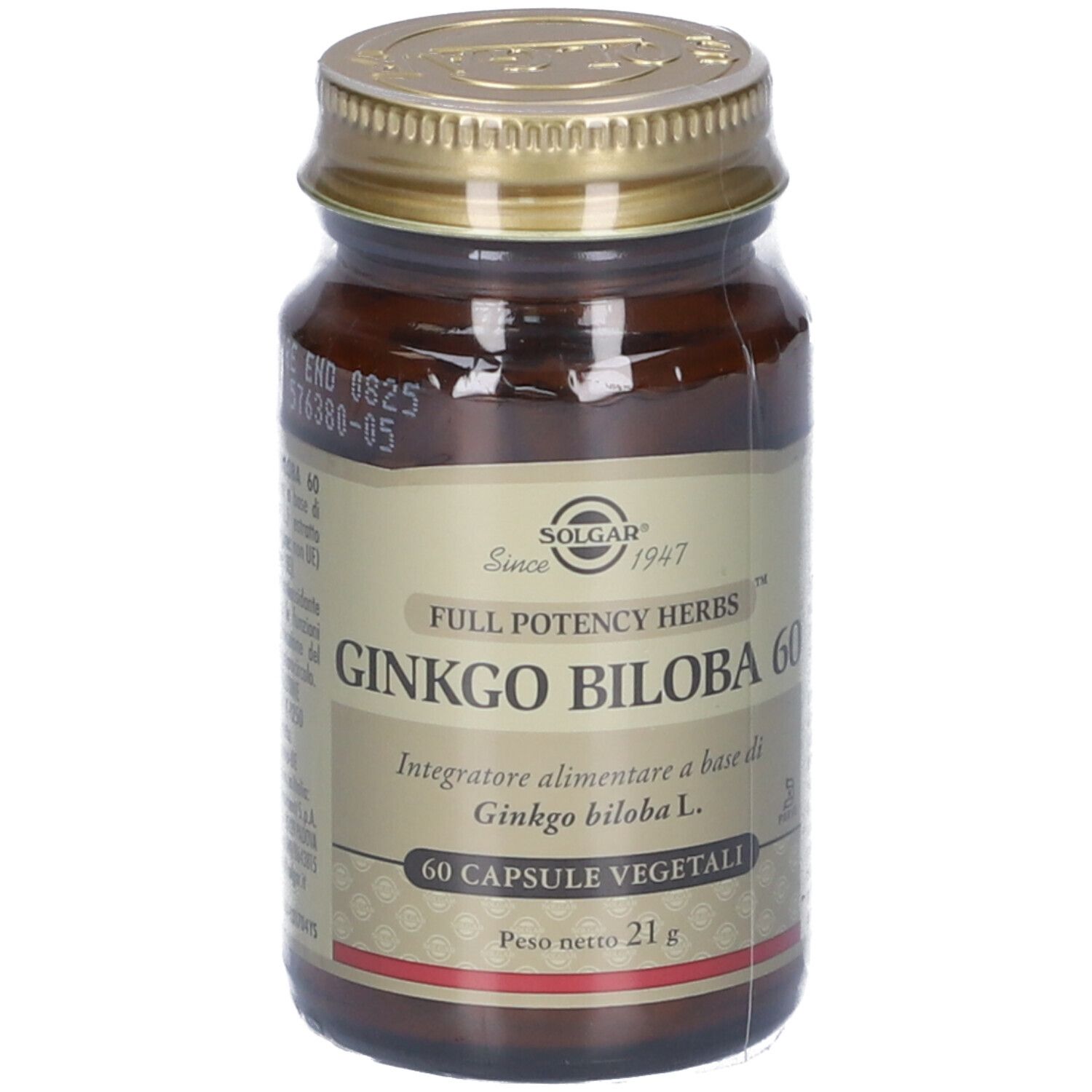 Flacone in vetro marrone SOLGAR Ginkgo Biloba 60. Tappo dorato. Etichetta con nome del prodotto, marchio e 60 capsule.