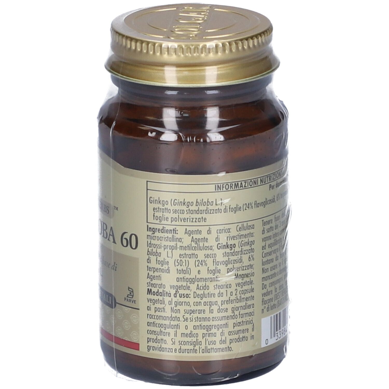 Flacone in vetro marrone SOLGAR Ginkgo Biloba 60 confezionato. Etichetta con ingredienti e istruzioni per l'uso.