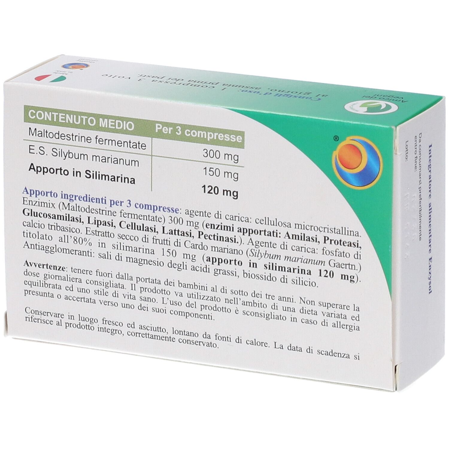 Rückseite der Enzysol Packung mit Inhaltsstoffen und Anwendungshinweisen.