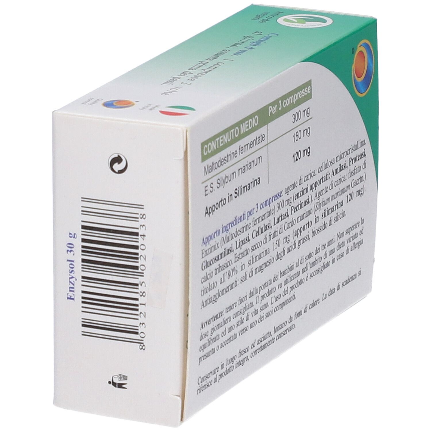 Enzysol Packung, Seite mit Barcode und Produktgewicht.