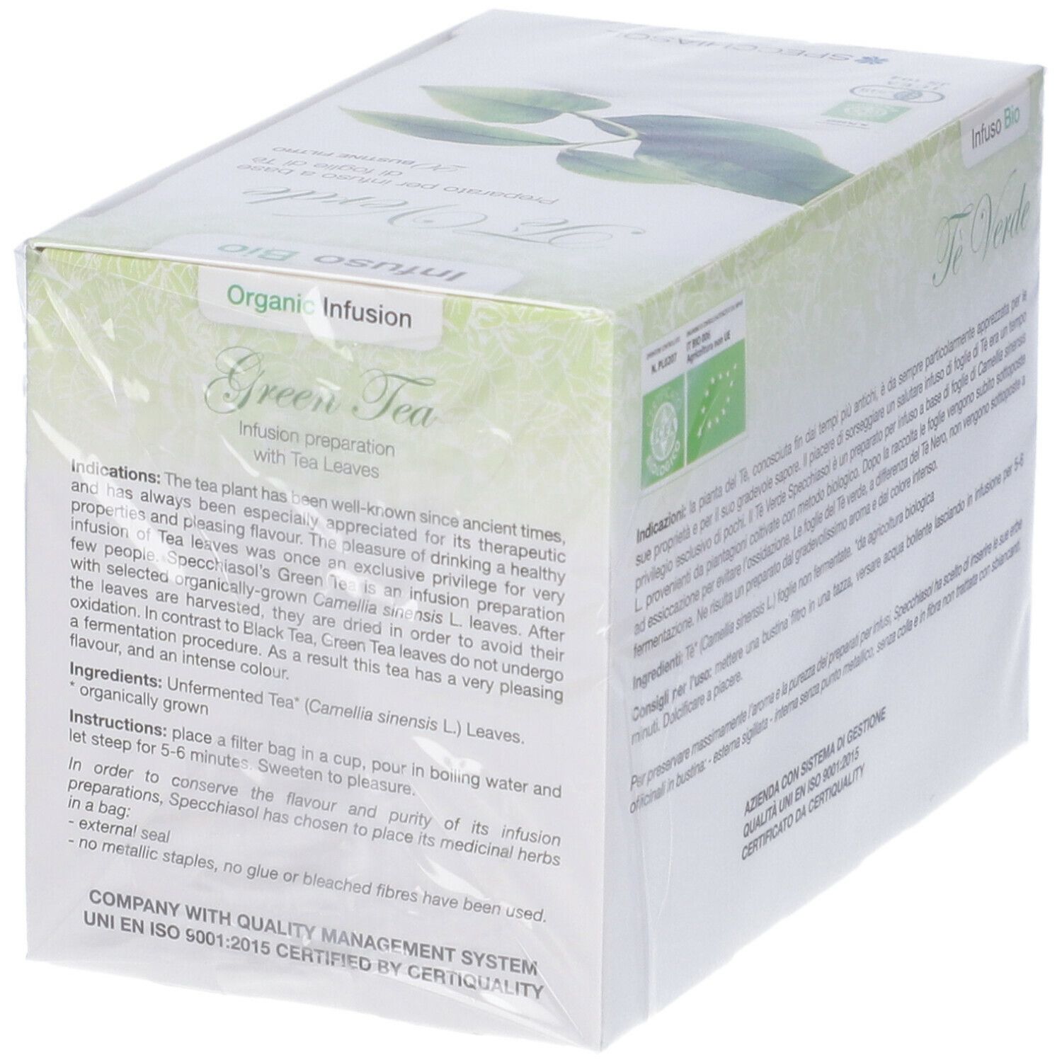 Confezione "Green Tea", foglie verdi, "Organic Infusion", testo, certificazioni, ISO 9001, "Specchiasol".