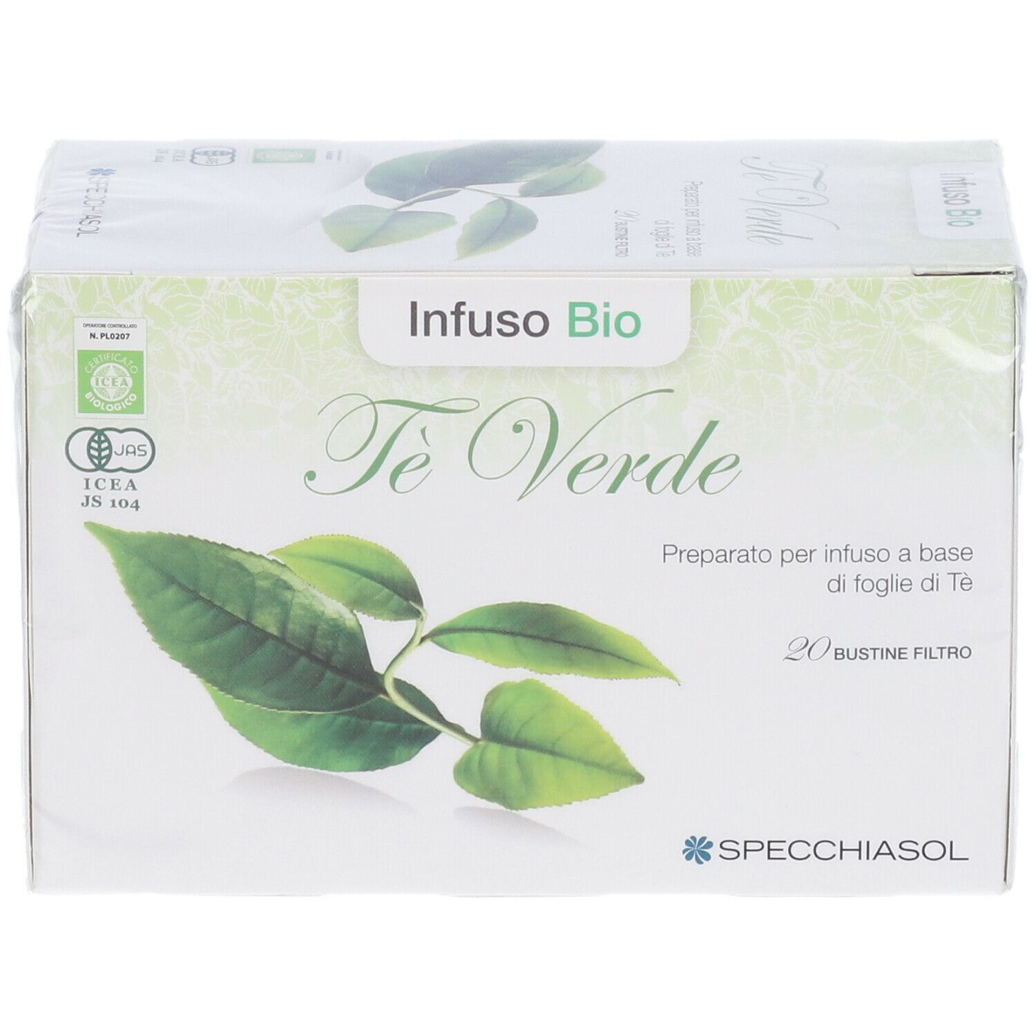 Confezione "Tè Verde", foglie verdi, "Infuso Bio", 20 bustine filtro, logo "Specchiasol", certificazione.