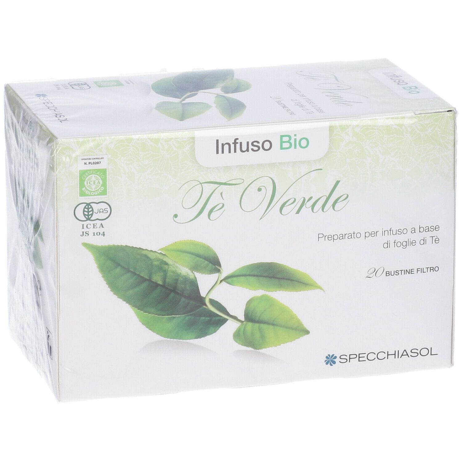 Confezione "Tè Verde", foglie verdi, "Infuso Bio", 20 bustine filtro, logo "Specchiasol", certificazione.