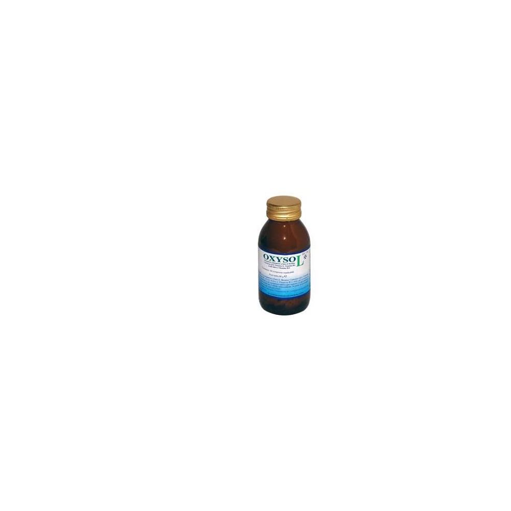 Flacone di vetro marrone con tappo dorato. Etichetta con testo blu e bianco. Nome del prodotto: Oxysol.