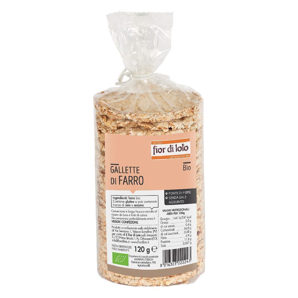 Confezione di "Gallette di Farro" Fior di Loto. Gallette rotonde di farro pressato, confezionate. 120g, marchio bio.