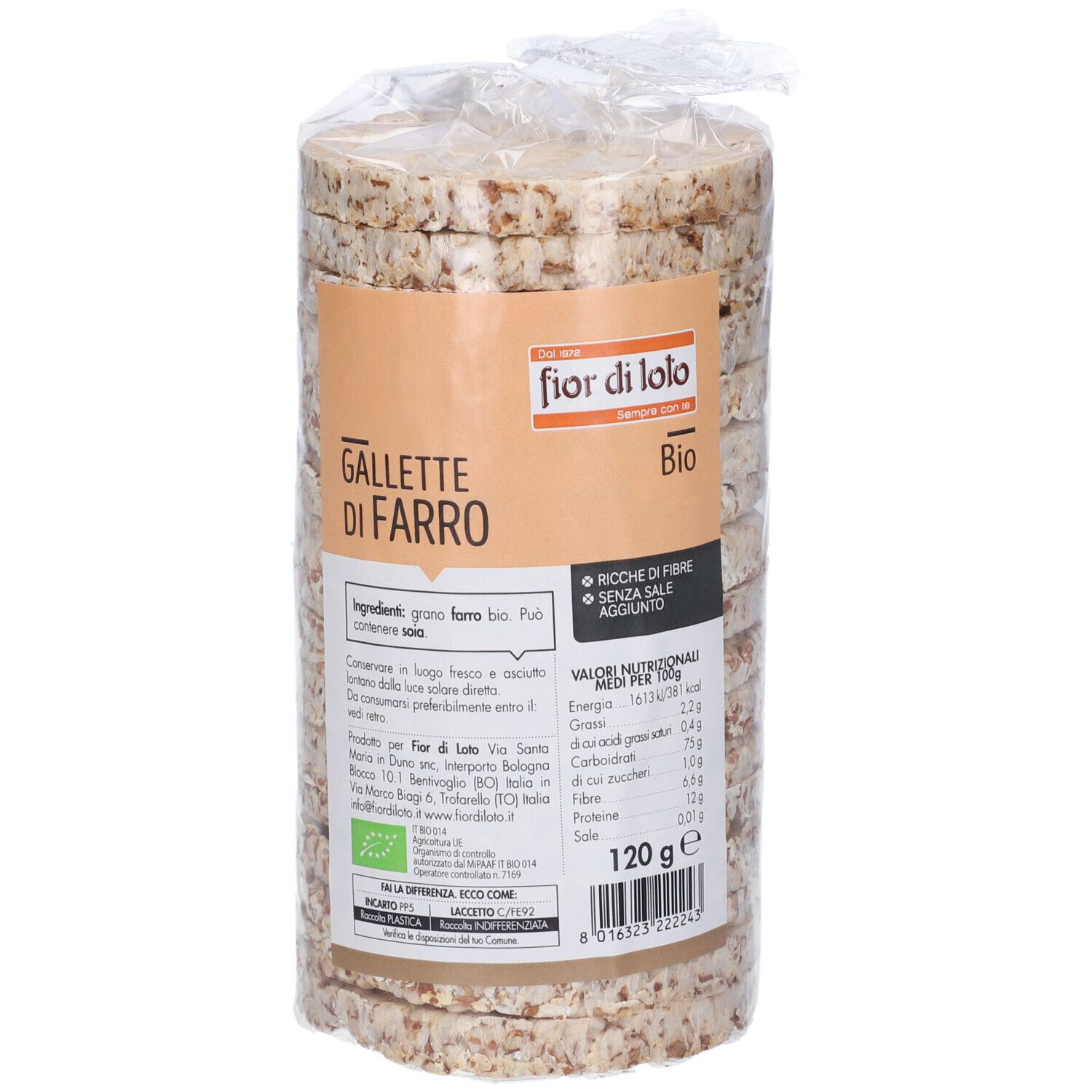 Confezione "Gallette di Farro" Fior di Loto. Gallette rotonde di farro pressato. 120g, marchio bio. Valori nutrizionali e ingredienti.