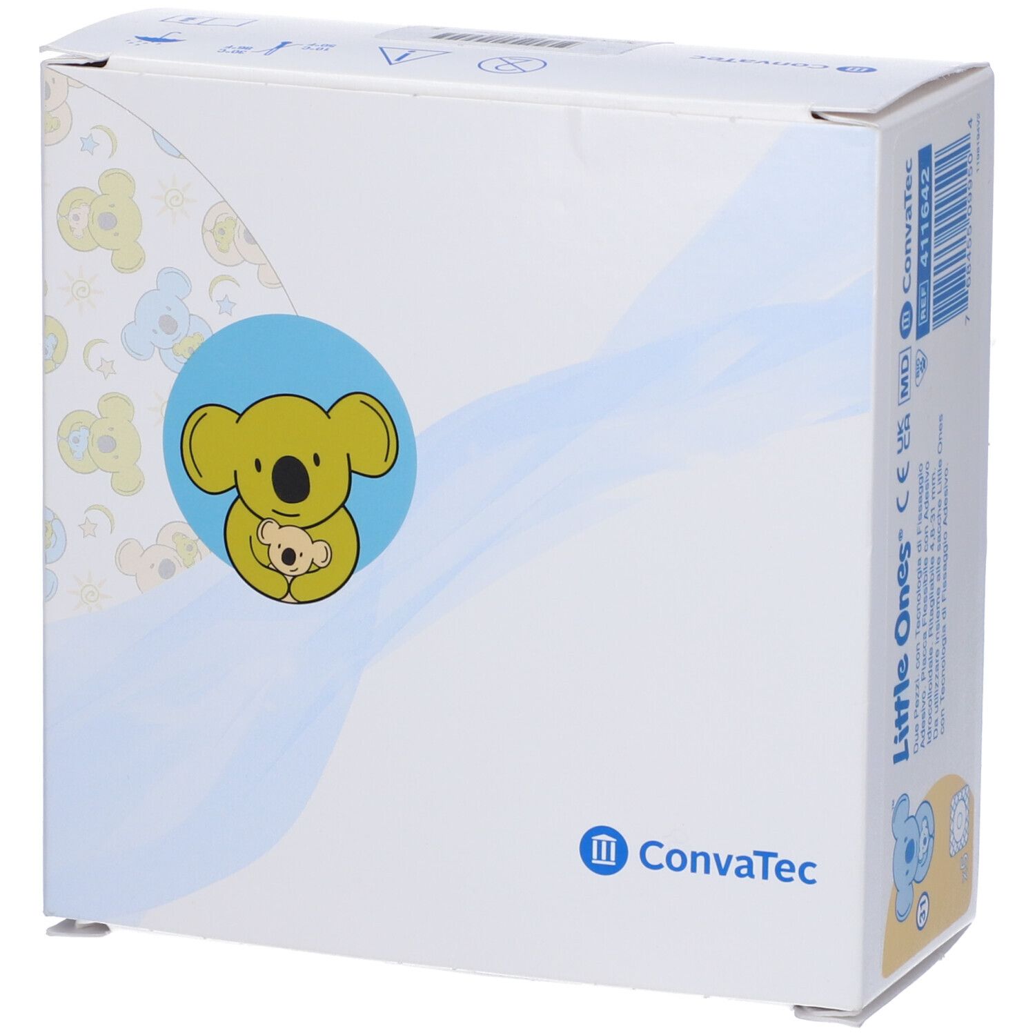 Confezione bianca con illustrazione di koala e logo. Testo: Little Ones, Convatec.