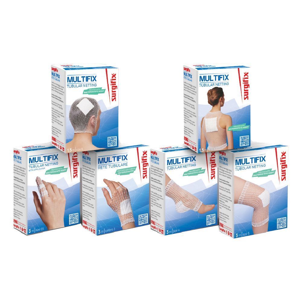 Diverse confezioni del prodotto. Scritta: MULTIFIX TUBULAR NETTING. Mostrato: applicazione su testa, schiena, mano, gamba e ginocchio.