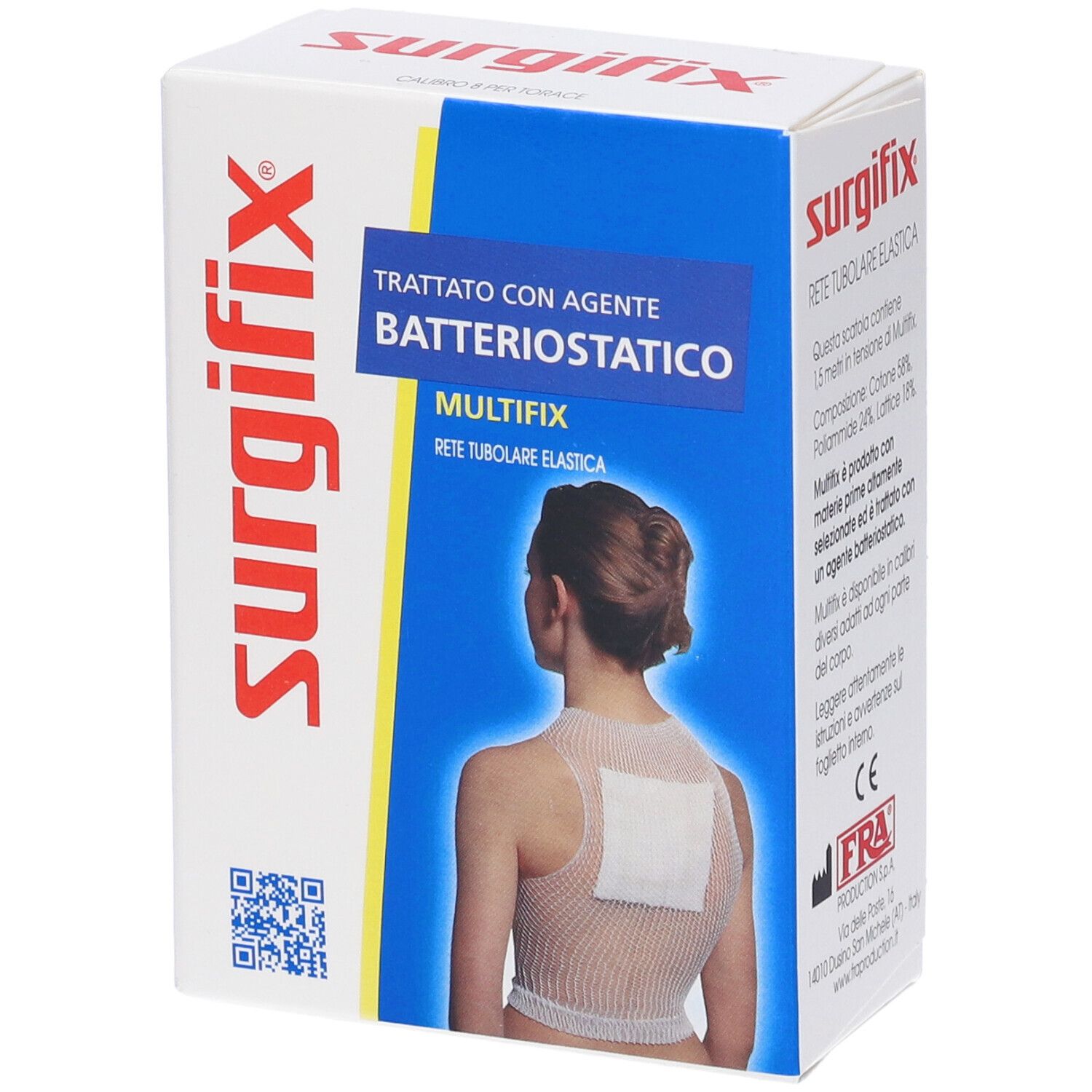 Confezione del prodotto. Scritta: Surgifix, MULTIFIX, Rete Tubulare Elastica. Raffigurata: applicazione sulla schiena.