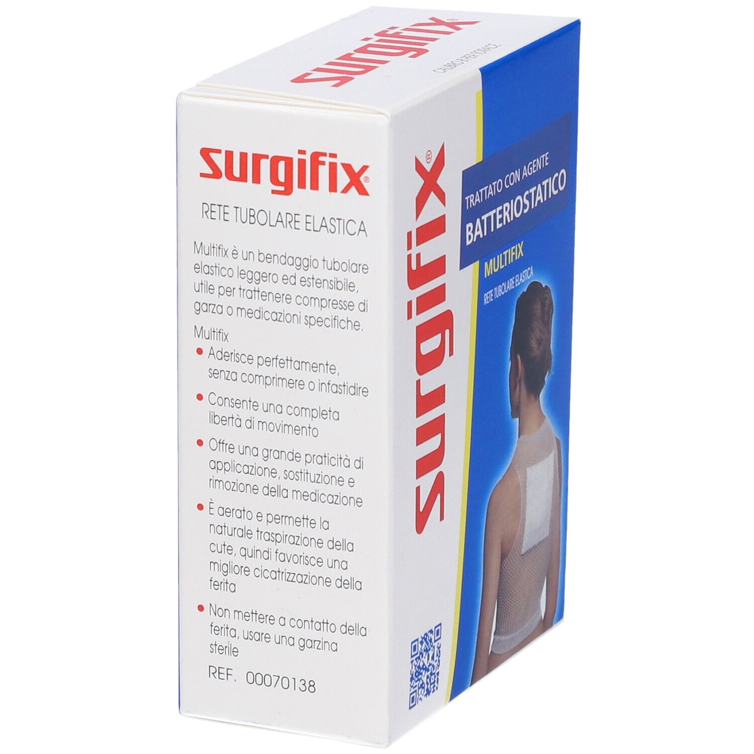 Confezione del prodotto. Scritta: Surgifix, MULTIFIX, Rete Tubulare Elastica. Raffigurata: applicazione sulla schiena.