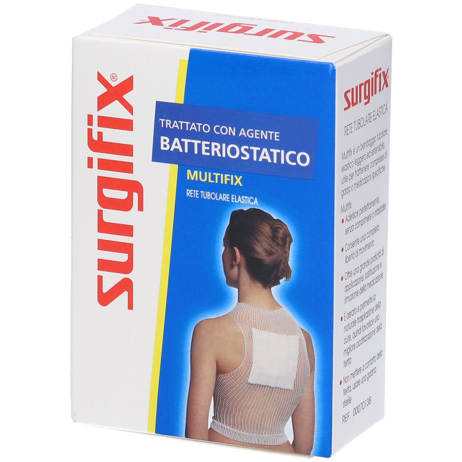 Confezione del prodotto. Scritta: Surgifix, MULTIFIX, Rete Tubulare Elastica. Raffigurata: applicazione sulla schiena.