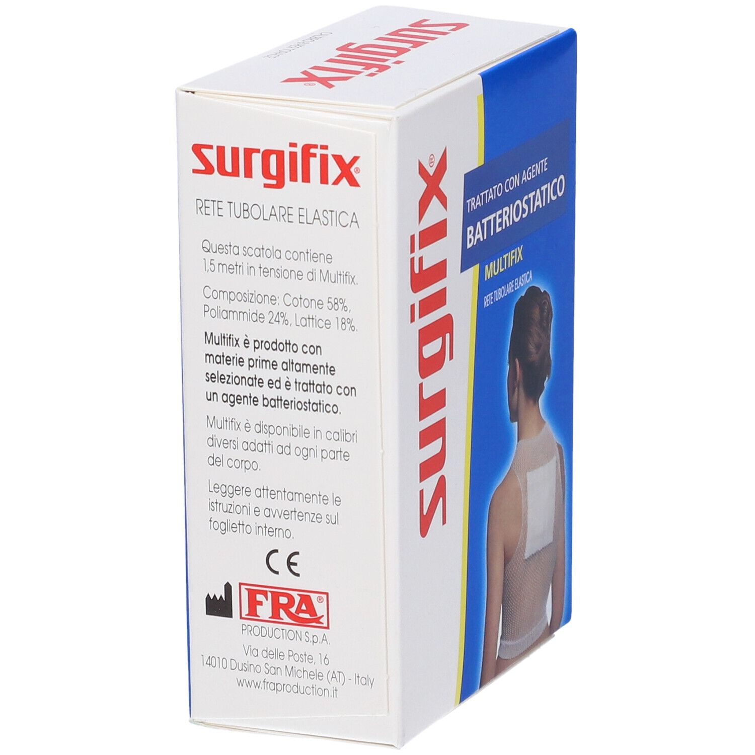 Confezione del prodotto. Scritta: Surgifix, MULTIFIX, Rete Tubulare Elastica. Raffigurata: applicazione sulla schiena.