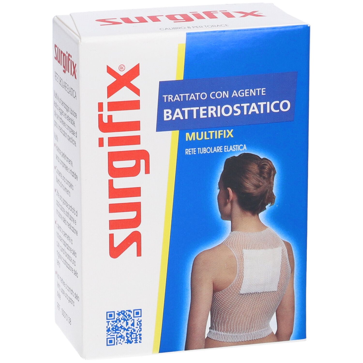 Confezione del prodotto. Scritta: Surgifix, MULTIFIX, Rete Tubulare Elastica. Raffigurata: applicazione sulla schiena.